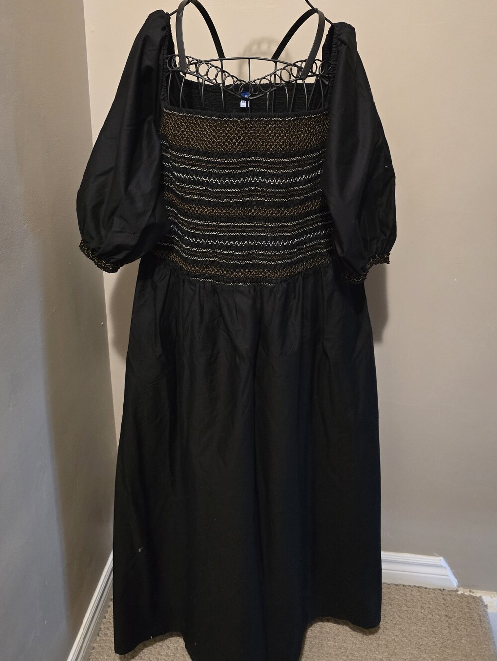 Black Puff Sleeve Midi Dress with  Smocking